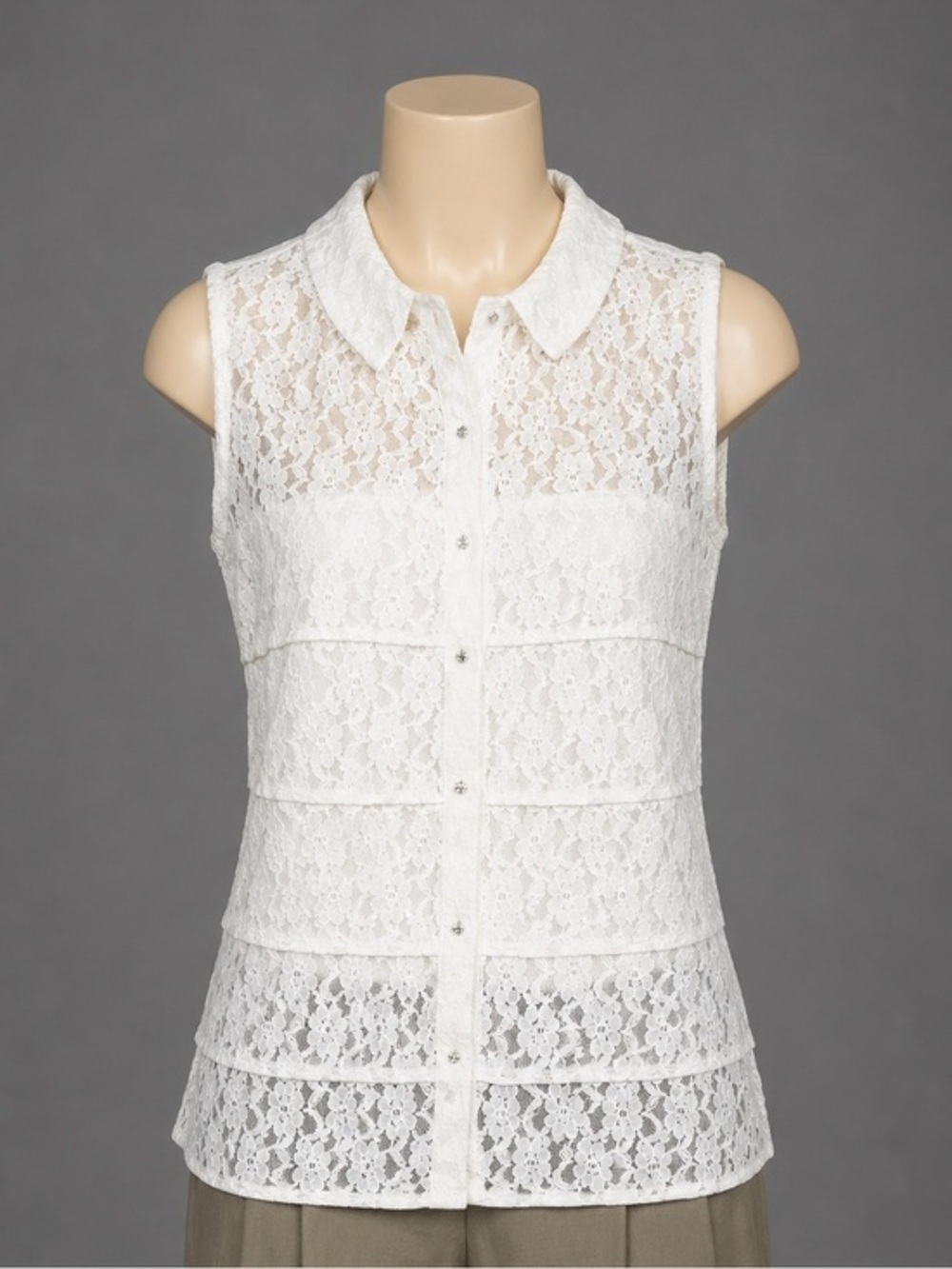 Zara Basic White Lace Sleeveless Blouse Rhinestone Buttons Peter Pan Collar XS